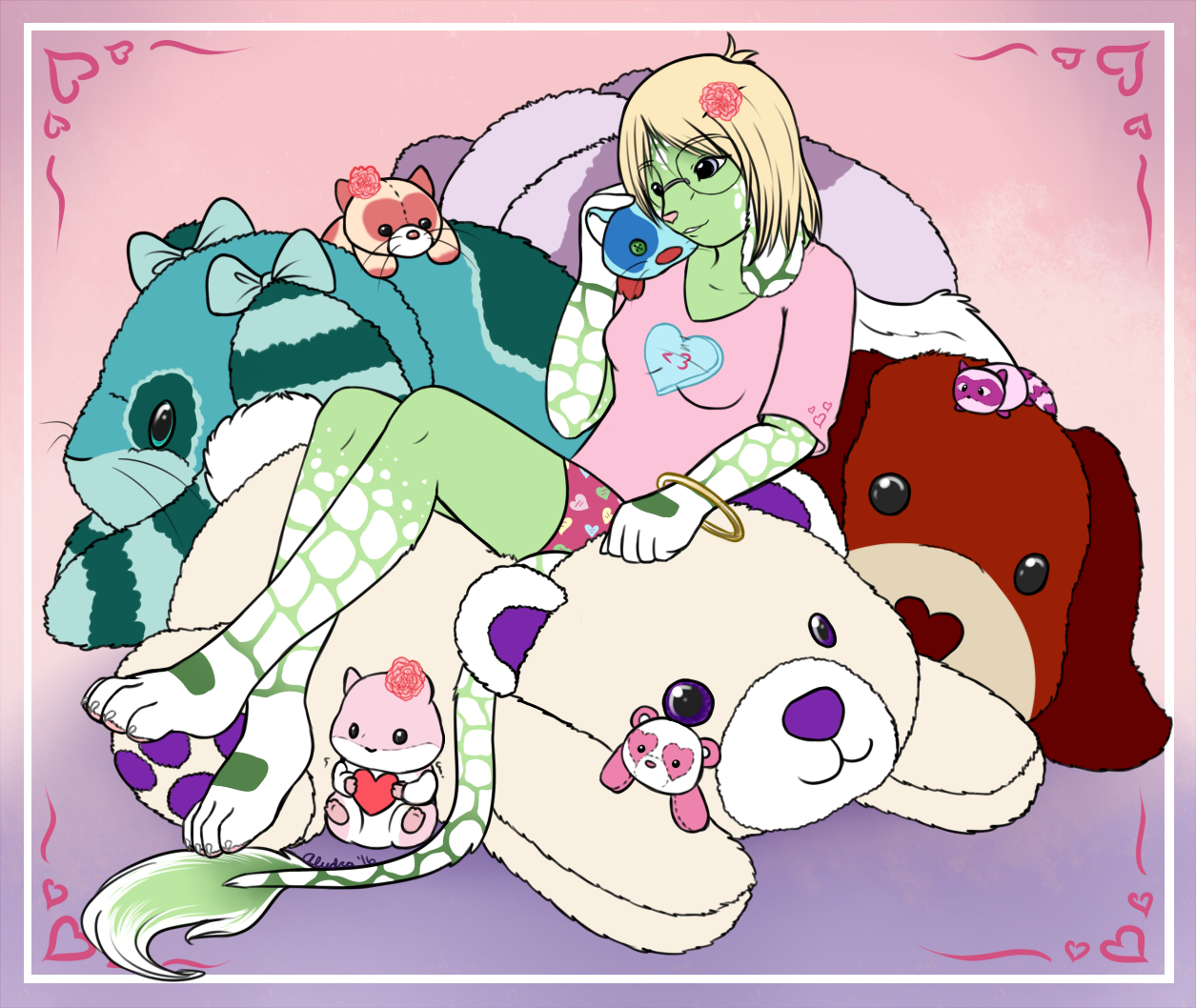 Illu in a pile of gigantic plushies. It'd be like one big ol' cuddly beanbag, but her first handmade plush, Bunny, still remains her favorite.