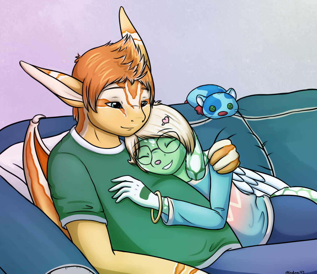 Illu finally found herself a guy who is just as cuddly as any of her plushies. This was the beginning of my efforts to draw Noku and Illu once a year for Valentine's Day.