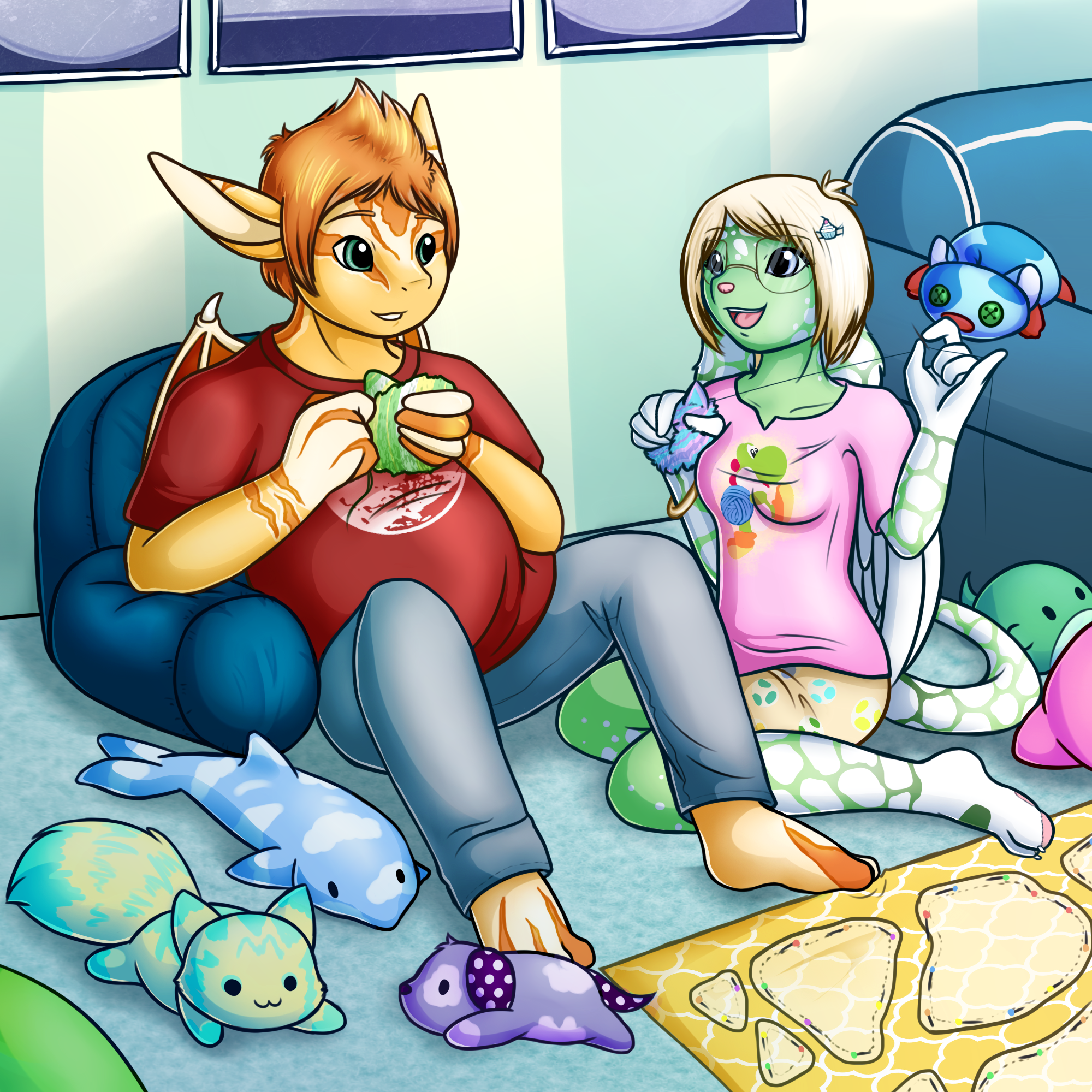 My 2019 Valentine's Day art, with Illu getting to show Noku her world of making plushies.