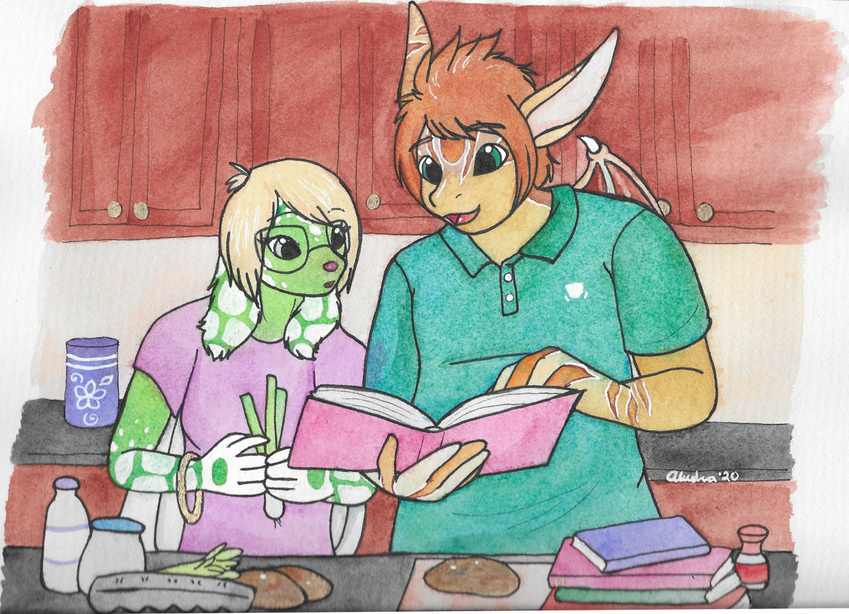 My 2020 Valentine's Day art, and Noku is involving Illu in one of his hobbies. If I remember right, they were making potato salad.