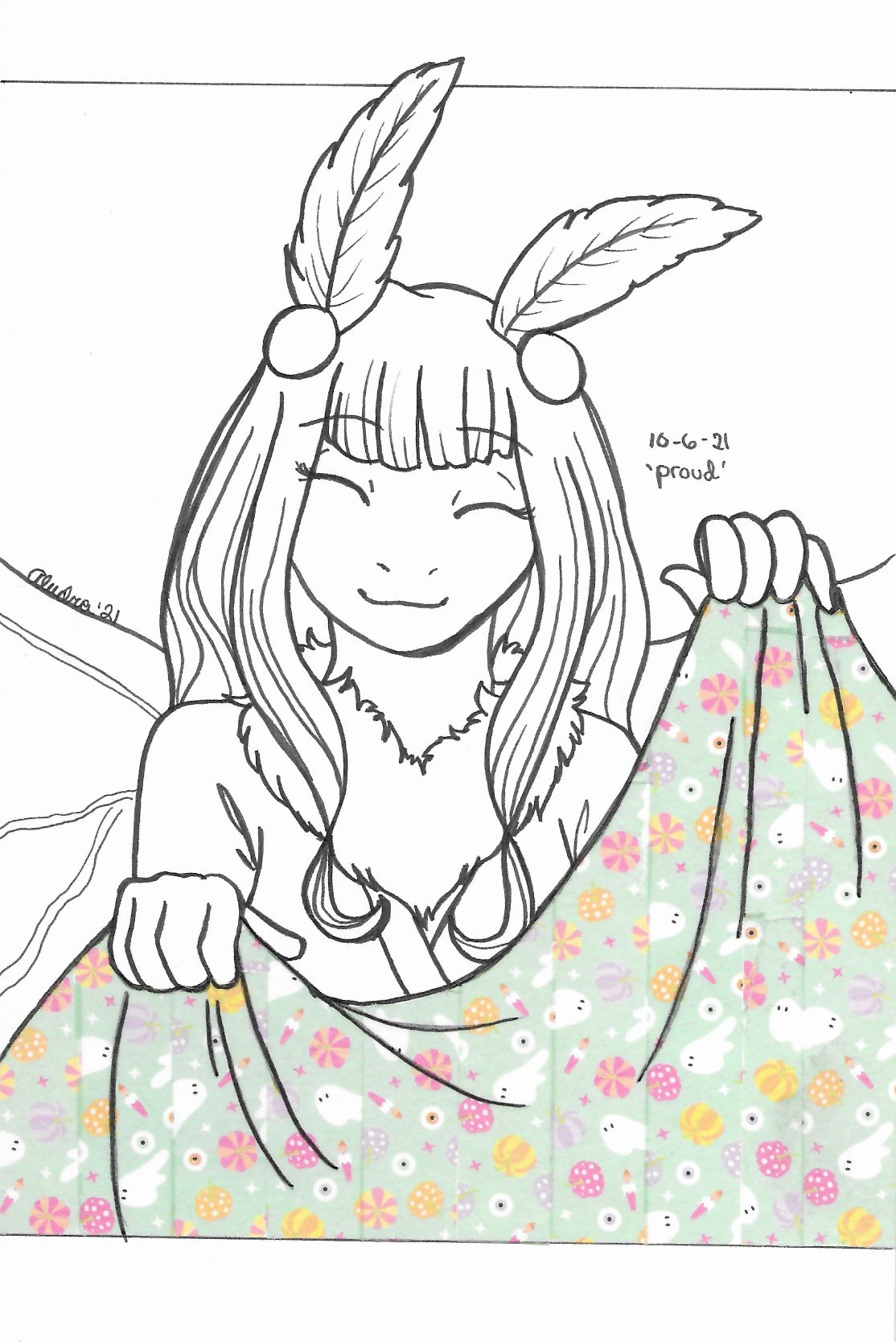 OC-tober art of Imari, with the prompt Proud. Imari likes making costumes, and this is her displaying a cutesy piece of fabric. The pattern is from washi tape.
