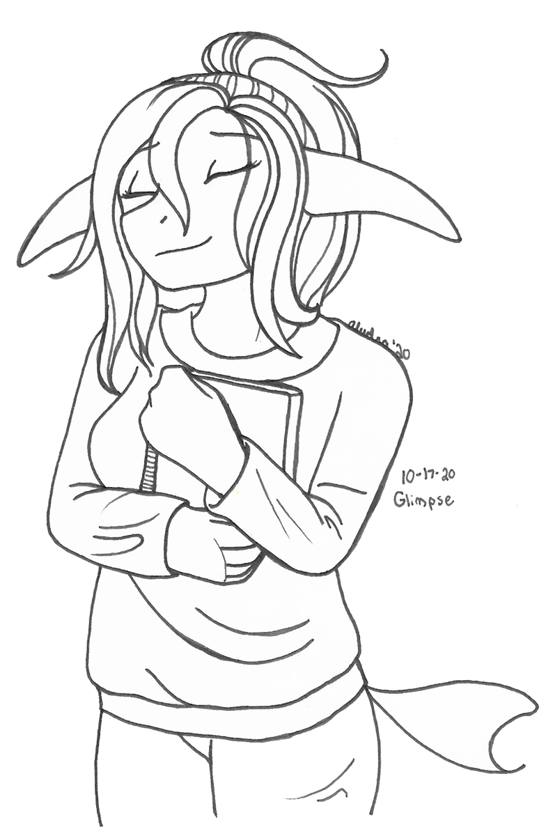 OC-tober art of Jetta, with the prompt Glimpse. Getting a glimpse into the bliss Jetta feels with the stories she gets to take in.