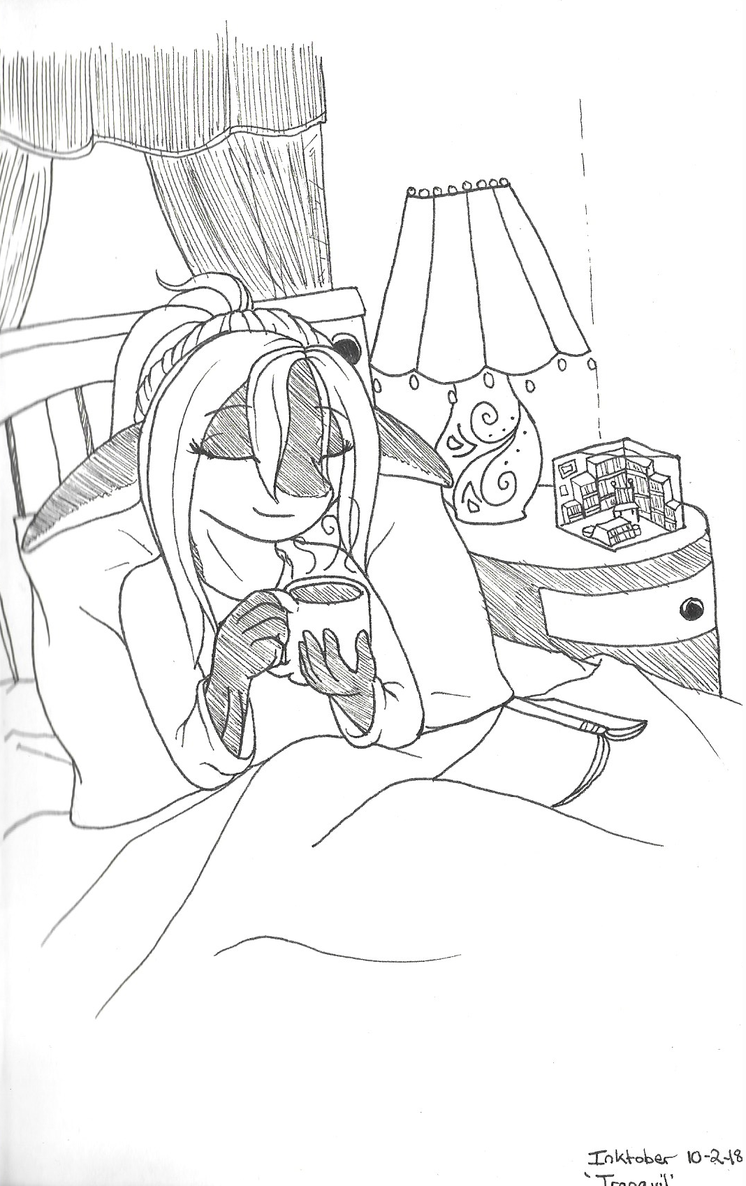 OC-tober art of Jetta, with the prompt Tranquil. A moment of rest for Jetta, in bed with a nice cup of coffee, a book, and a present on her table from Neil.