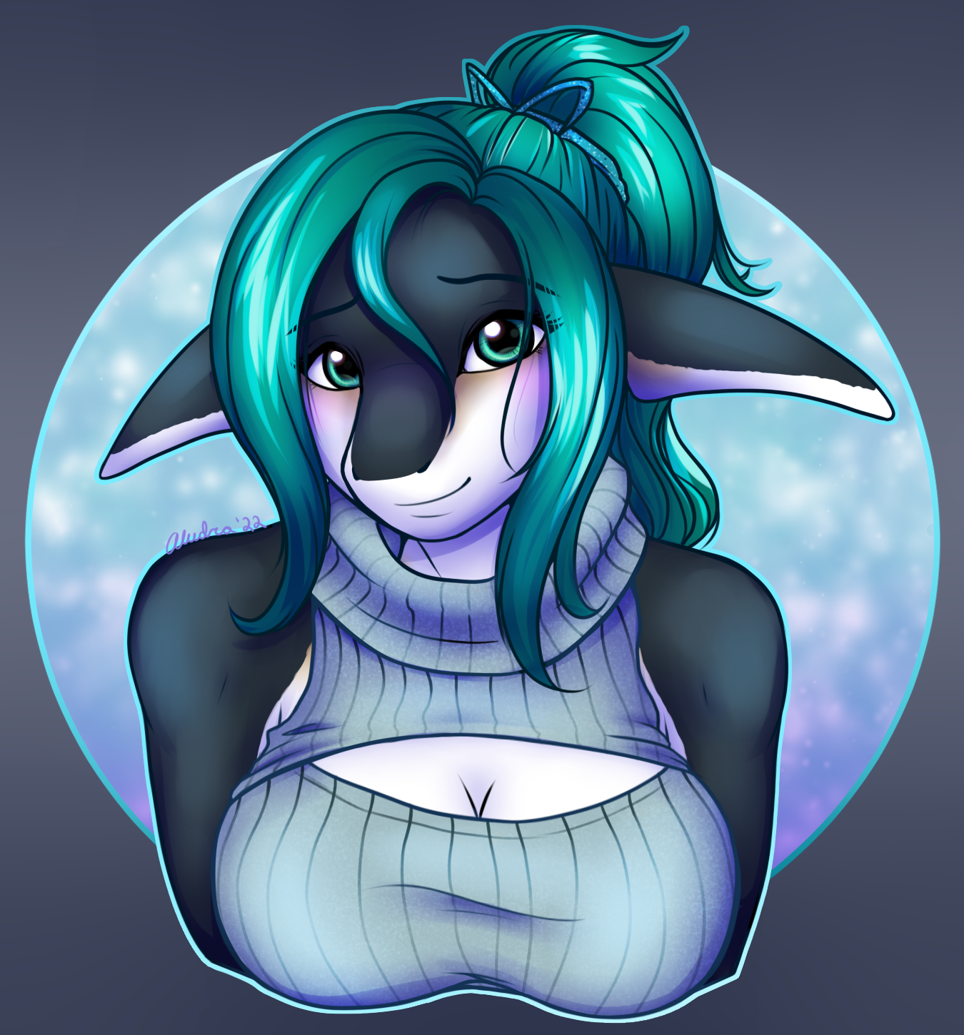 A bust shot of Jetta, showing that she's top heavy for her figure. She might be shy, but not about her body. Her hair tie is a throwback to the real life doll I made who's hair was tied back with a piece of tinsel.