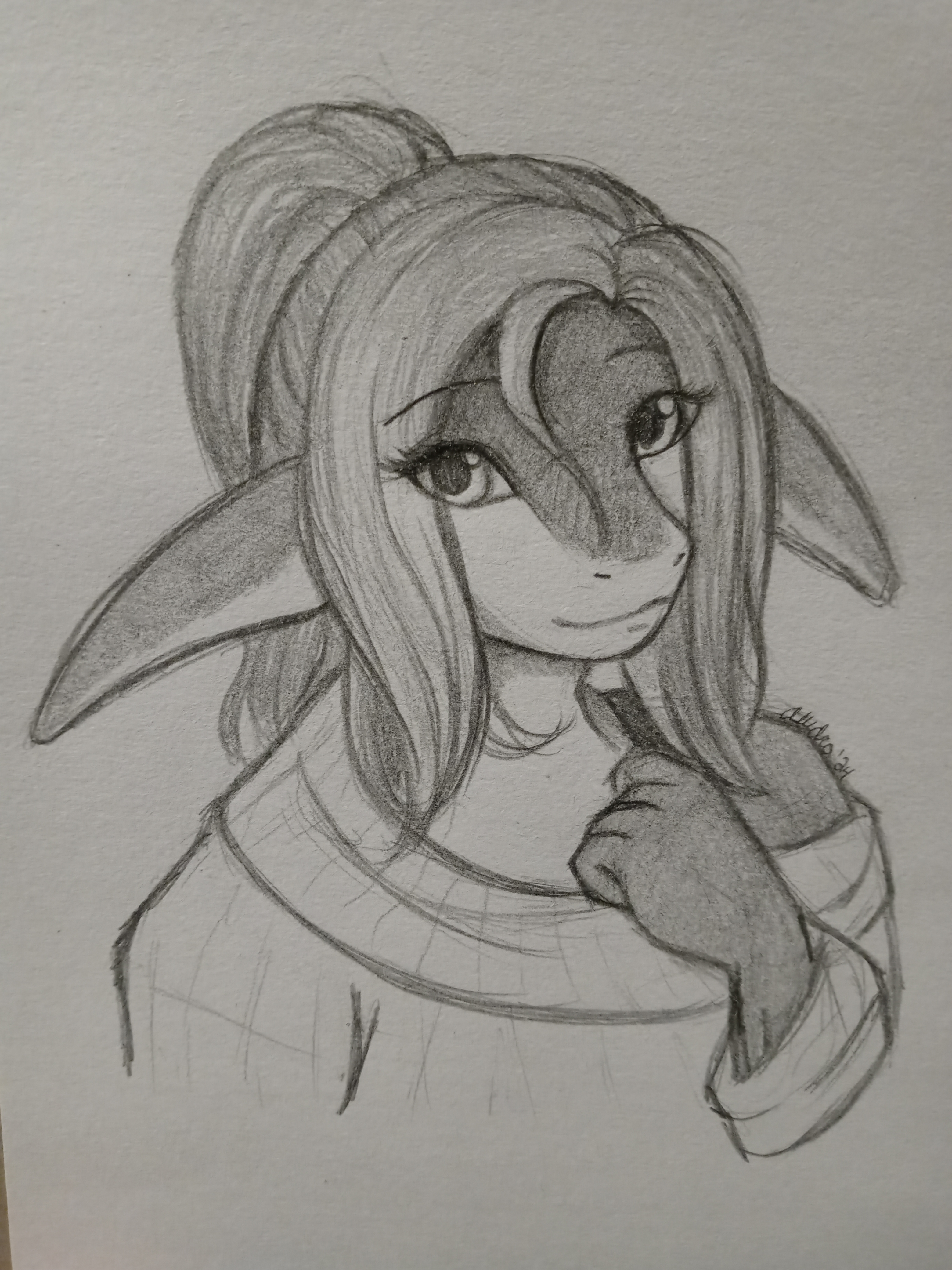 A pencil sketch of Jetta looking shy and innocent.