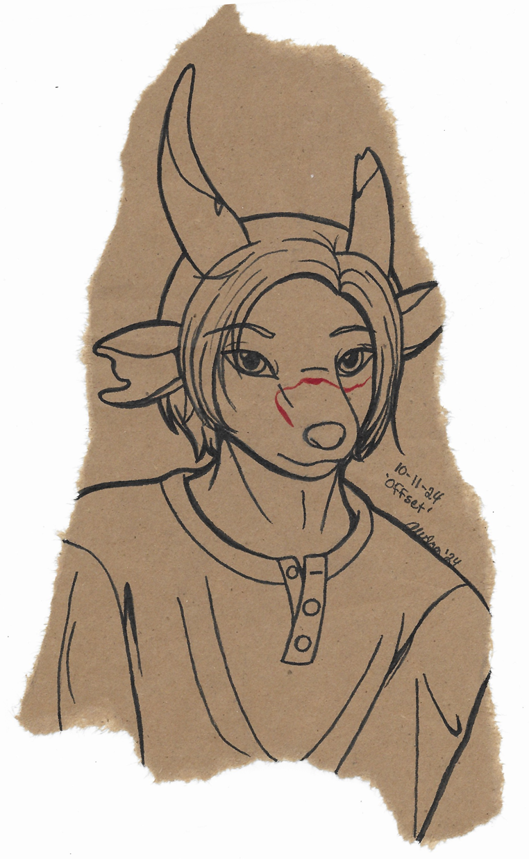 OC-tober art of Jinsuke, with the prompt Offset. Jinsuke's design is meant to be asymmetrical, which is a trait he finds endearing in the world.