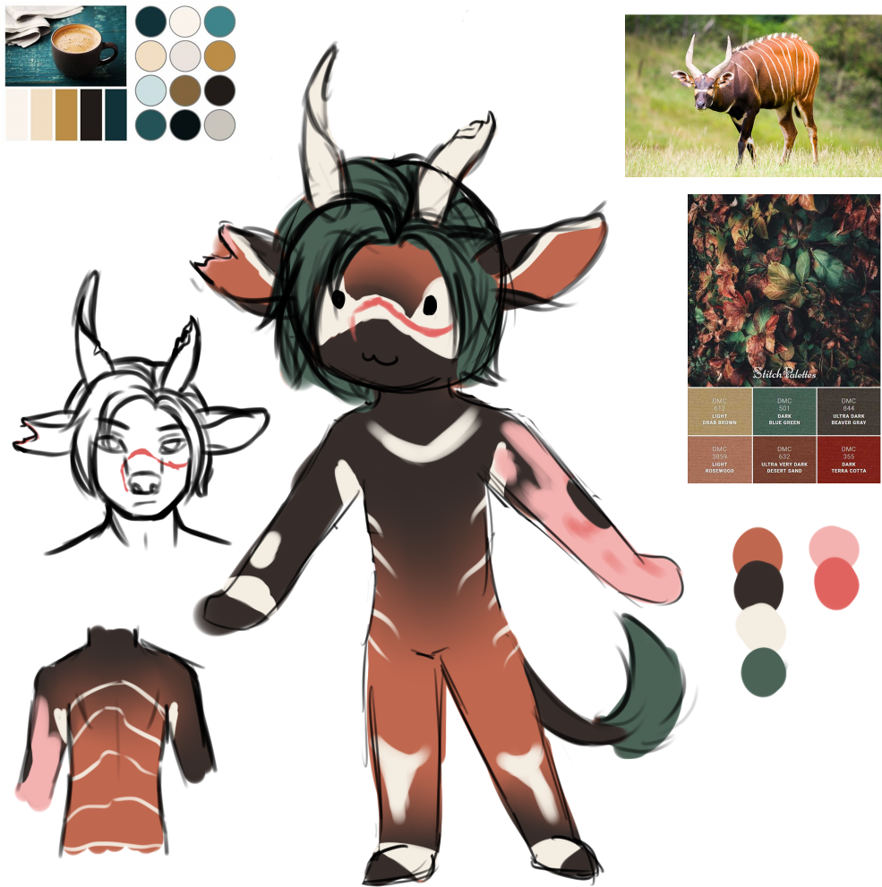Scribbly concept art of Jinsuke, bordered by all the references I used.