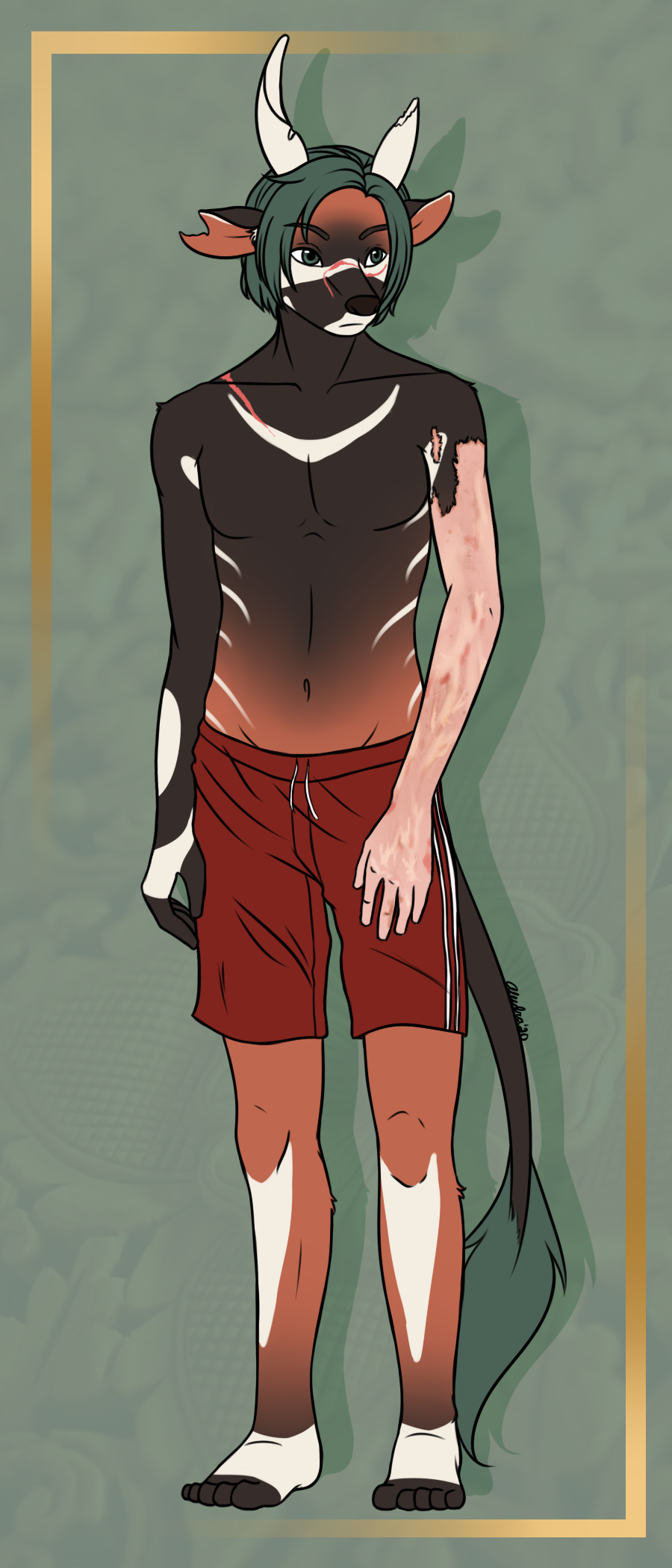 A finished fullbody piece for Jinsuke, displaying the burn scars on his arm. Something that was difficult to look up references for that I could stomach.