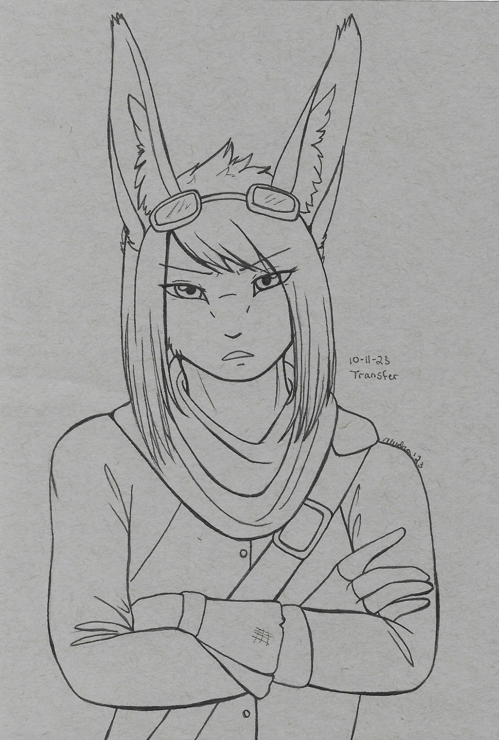 OC-tober art of Kite, with the prompt Transfer. Grumpy grumpy lady. Transfer reminded me of transferring files from one place to the other, and Kite is technologically inclined despite her situation.