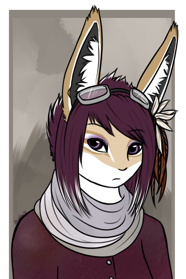 A plain bust shot of Kite with her dusty clothes.