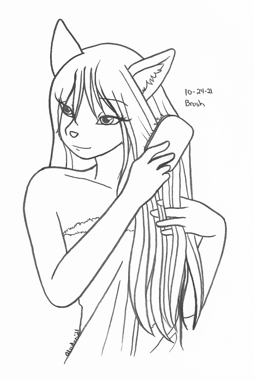 OC-tober art of Kitty, with the prompt Brush. She has such long hair, and I hadn't drawn her for OC-tober yet, so I figured why not draw her brushing her hair out.