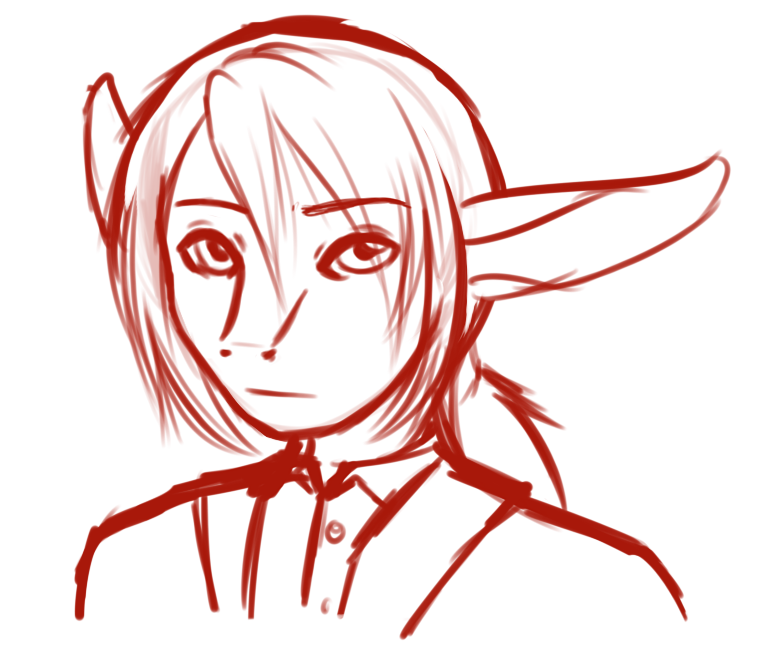 A sketch of Knives in an attempt to get his design down based off a human avatar I made for him, but something about the design and shapes made him feel too young.