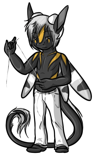 A chibi of Liron, holding a needle and thread. He was meant to represent the 'devil's darning needle', a name given to dragonflies in certain cultures.