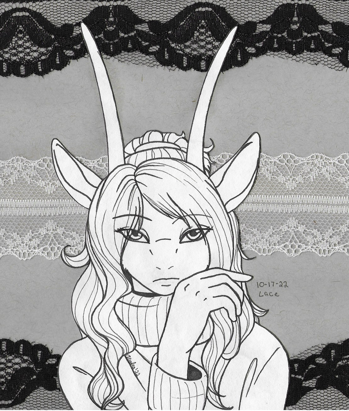 OC-tober art of Lithium, with the prompt Lace. I had a lot of fun with this one. Lith's themes are all around lace, and real lace was flat enough to layer onto paper to really make this image stand out.
