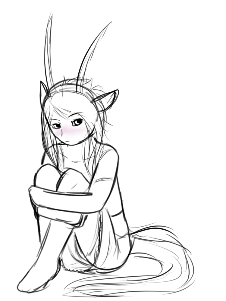 A sketch of Lith curled up and hugging her knees as she blushes.