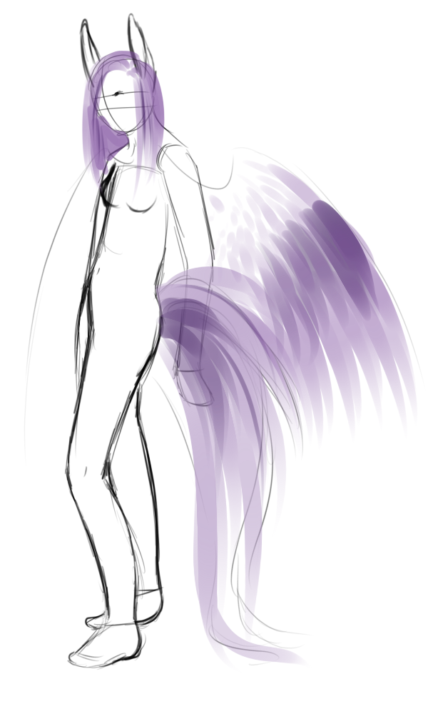 A very early, very unfinished concept of Lucia with her feathery tail and the tone of purple I wanted to use for her.