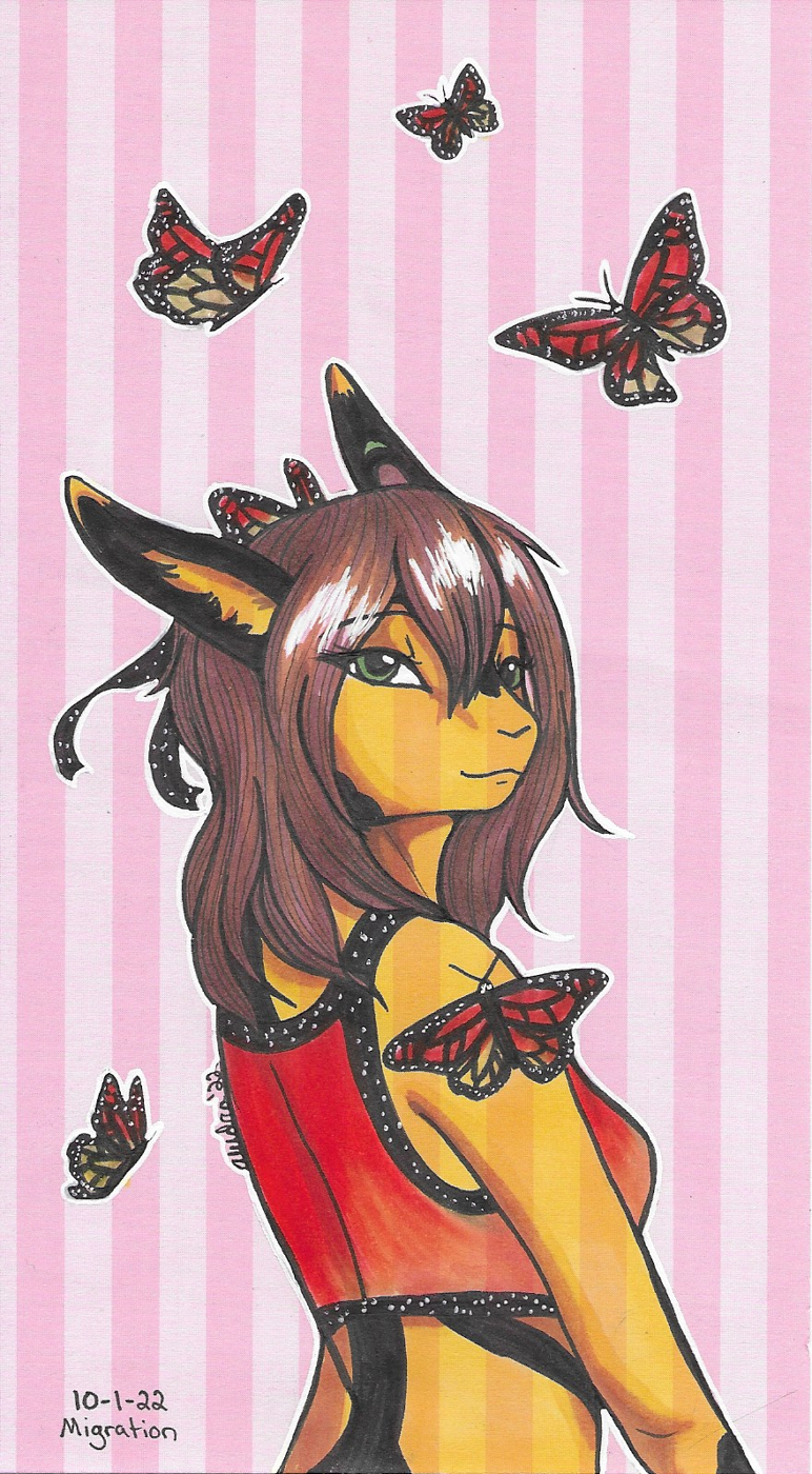 OC-tober art of Mai, with the prompt Migration. Monarch butterflies migrate, thus inspiring me to draw Mai for this prompt.