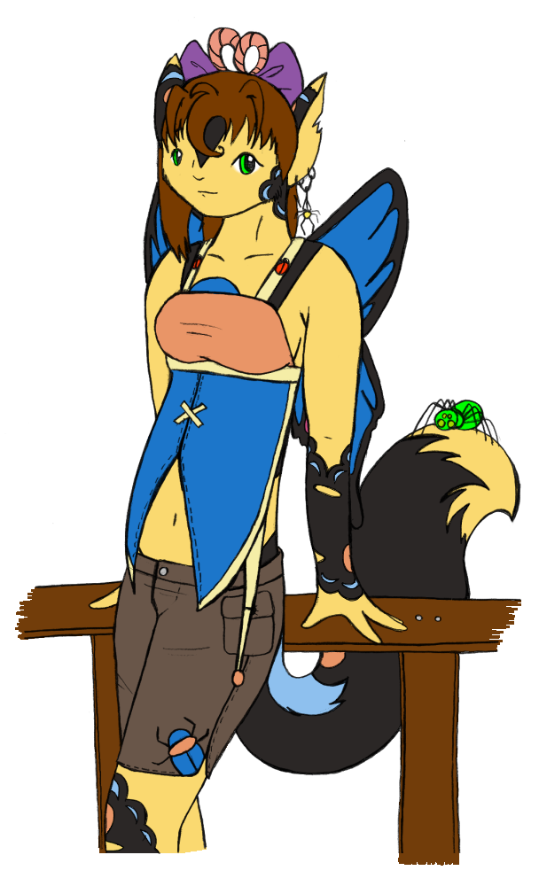 My first concept of Mai, which immediately solidified her butterfly based design, and love for bug themed clothing. She was inspired by Agatha from Zelda: Twilight Princess.