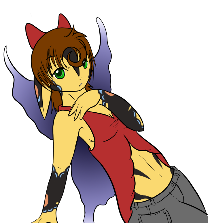 Mai in another butterfly themed shirt, this time with some clip on wings.