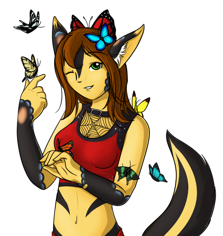 A rare happy picture of Mai, surrounded with several species of butterfly, and her spiderweb keyhole top making a return.