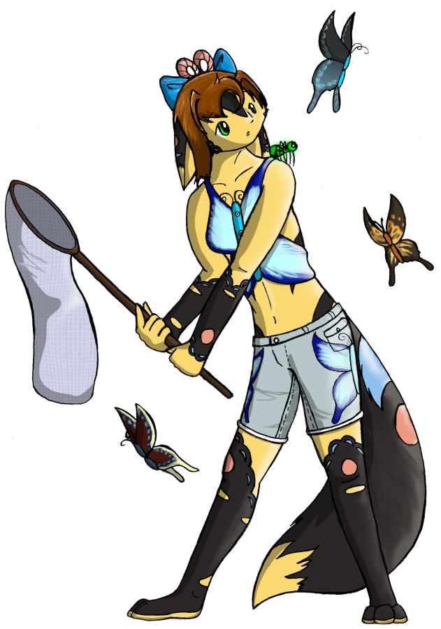 Mai catching butterflies, with her butterfly themed clothing.