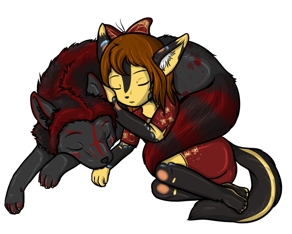 A chibi Mai curled up with her exes animal version.