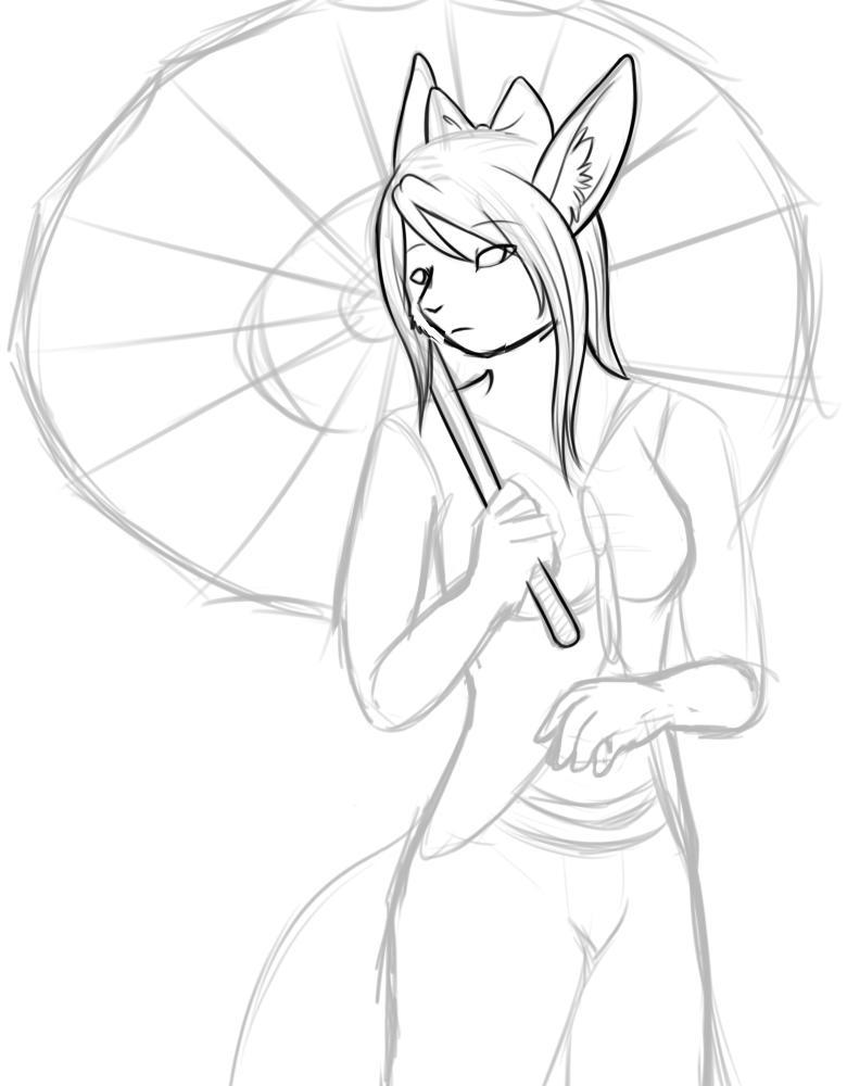 An unfinished sketch of Mai, holding a parasol. besides bugs, she has a lot of themes around rain, hence the parasol.