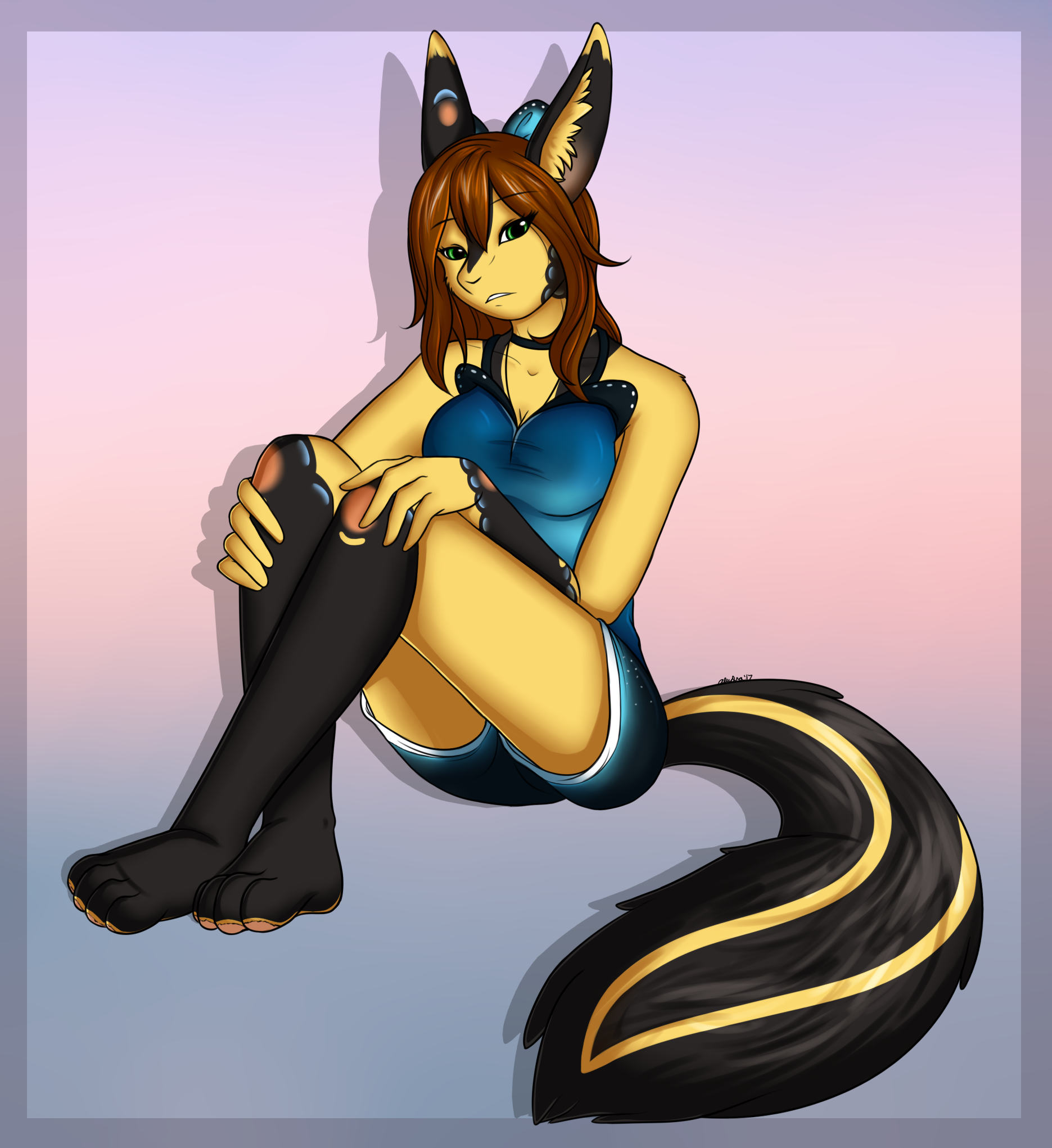 An updated drawing of Mai. My style may have improved, but her markings have barely changed since I first designed her.