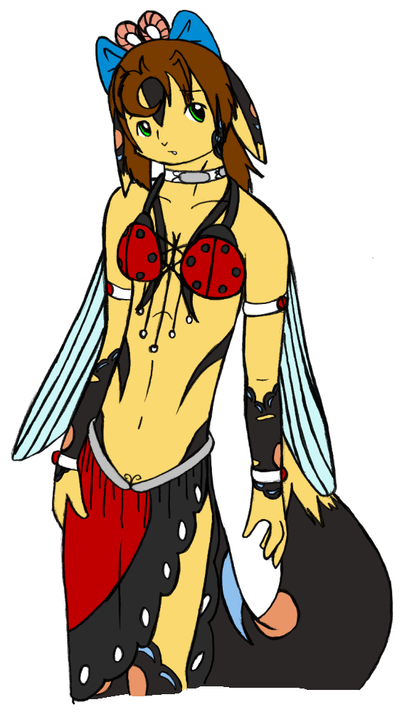 Me and some roleplay friends had fun designing costumes for our characters, and the current theme was bellydancer outfits. Mai's of course being bug themed with a butterfly wing skirt, and ladybug top. It's when I found out red really compliments her design.