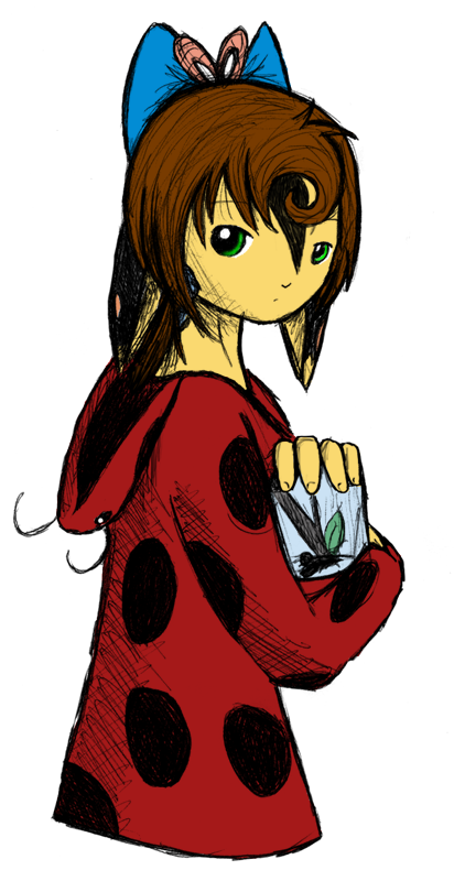 Mai out catching bugs in her ladybug themed hoodie.