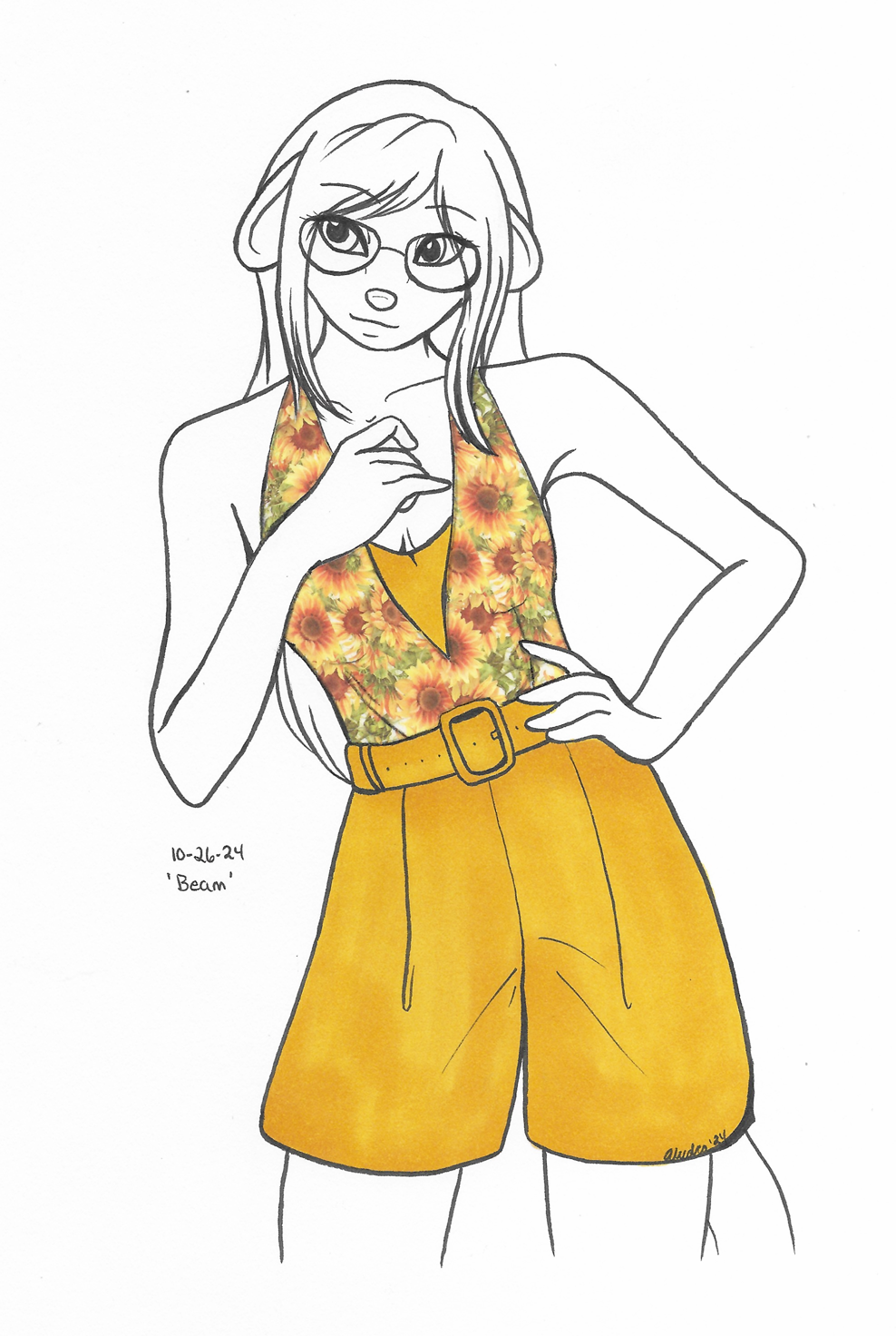 OC-tober art of Mirasol, with the prompt Beam. Mirasol's name is based on sunflowers, and that correlated to sunbeams for me, so I picked her for this prompt. Also had fun putting her in a cute outfit colored with washi tape.