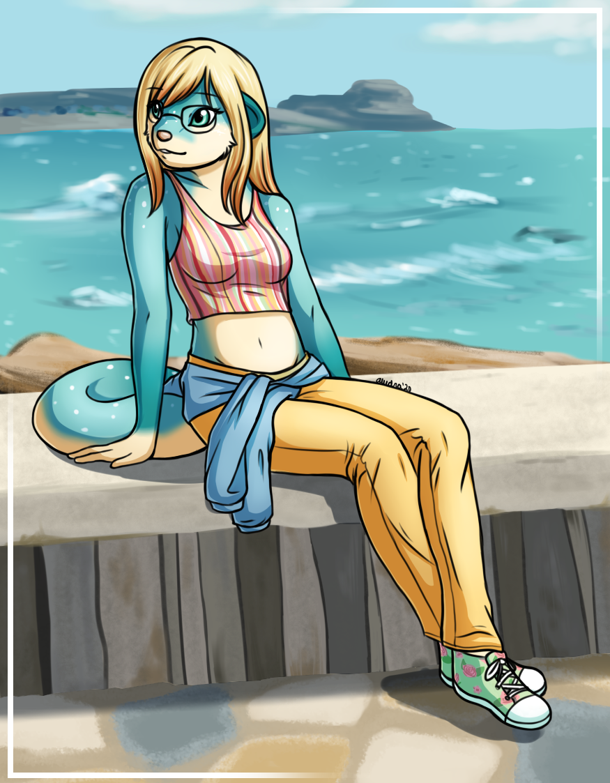 A fullbody image of Mirasol with, gasp, a background! I really wanted to give her a beachy tropical vibe with this image, while still being grounded in civilization.
