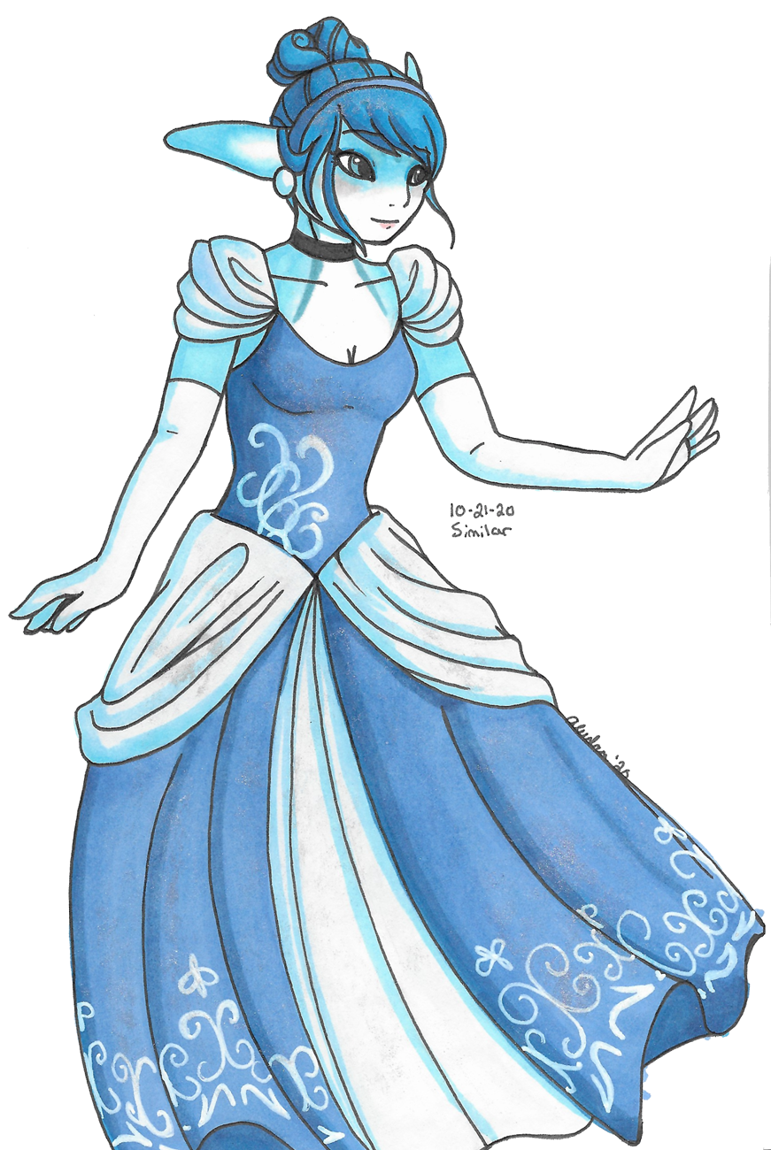 OC-tober art of Misty, with the prompt Similar. I feel Misty and Cinderella have similar upbringings, just in different eras, and with Misty being centered around costume making, I decided to let her do a little cosplay of her own. It's hard to see, but the original image shimmers when tilted in the light.