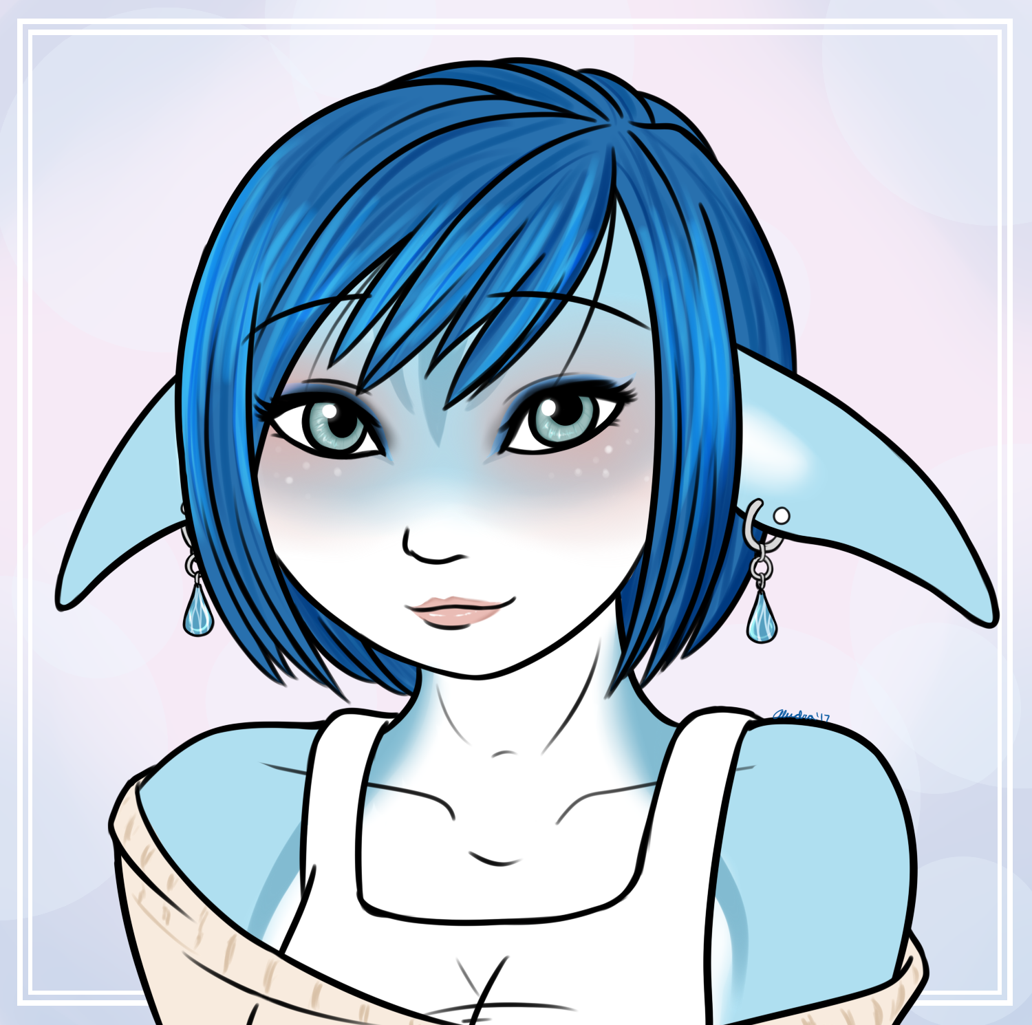 Misty with her overhauled design on a portrait, showing off her rounded hair bob that compliments her rounded face. A lot of the color on her face is makeup.