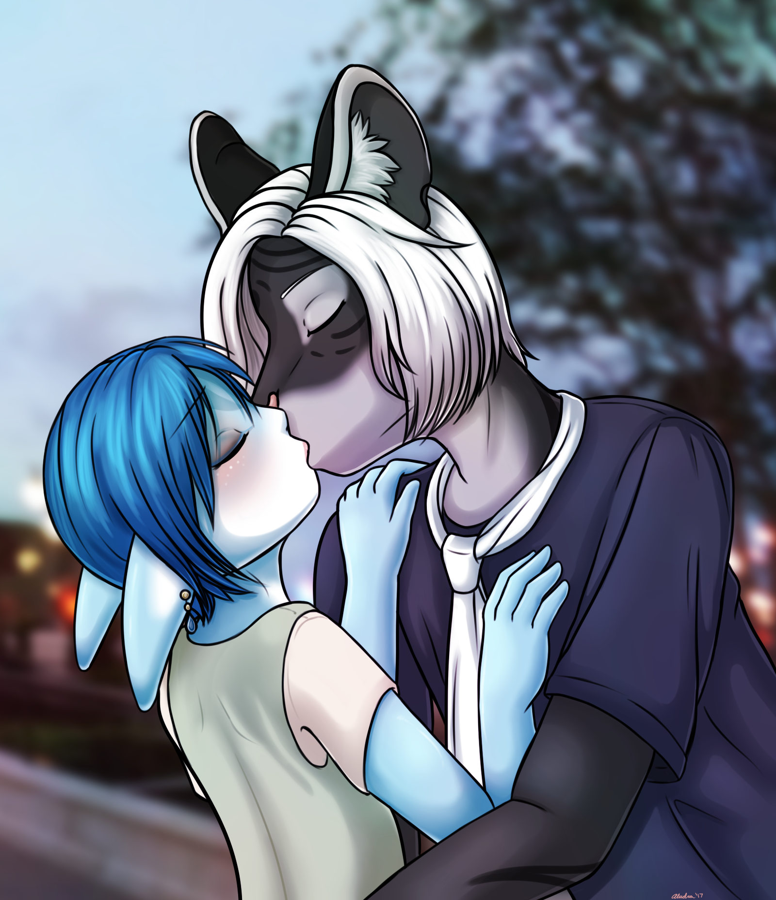 One of the previous sketches turned into a full art piece, of Orion and Misty sharing a kiss at the end of their first convention event.