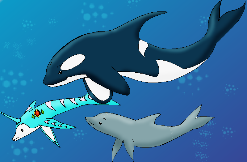 Old Neopets art of Misty with some generic orca and dolphin friends.