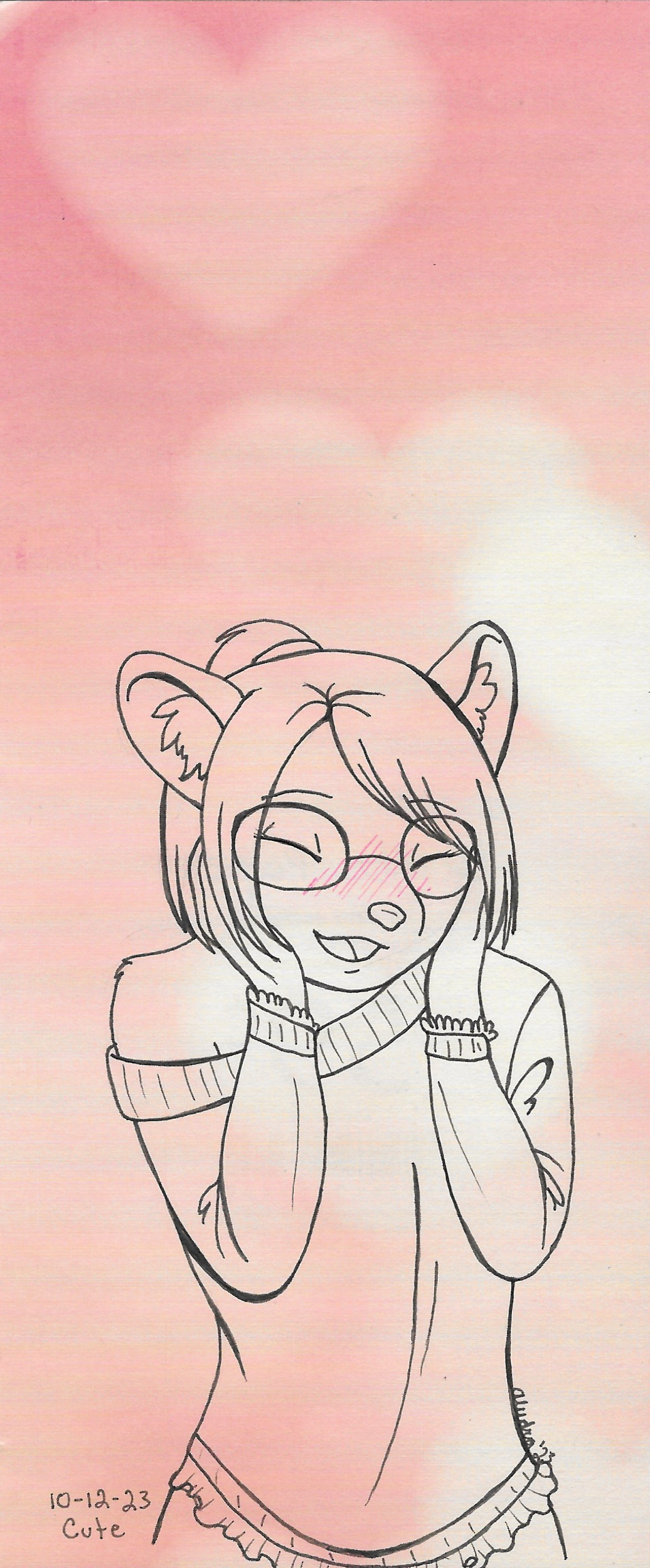 OC-tober art from 2023 with the prompt 'cute'. Gosh I love this one, she's so adorable, and I wanted to use up this cute heart paper I had that she fit on perfectly.