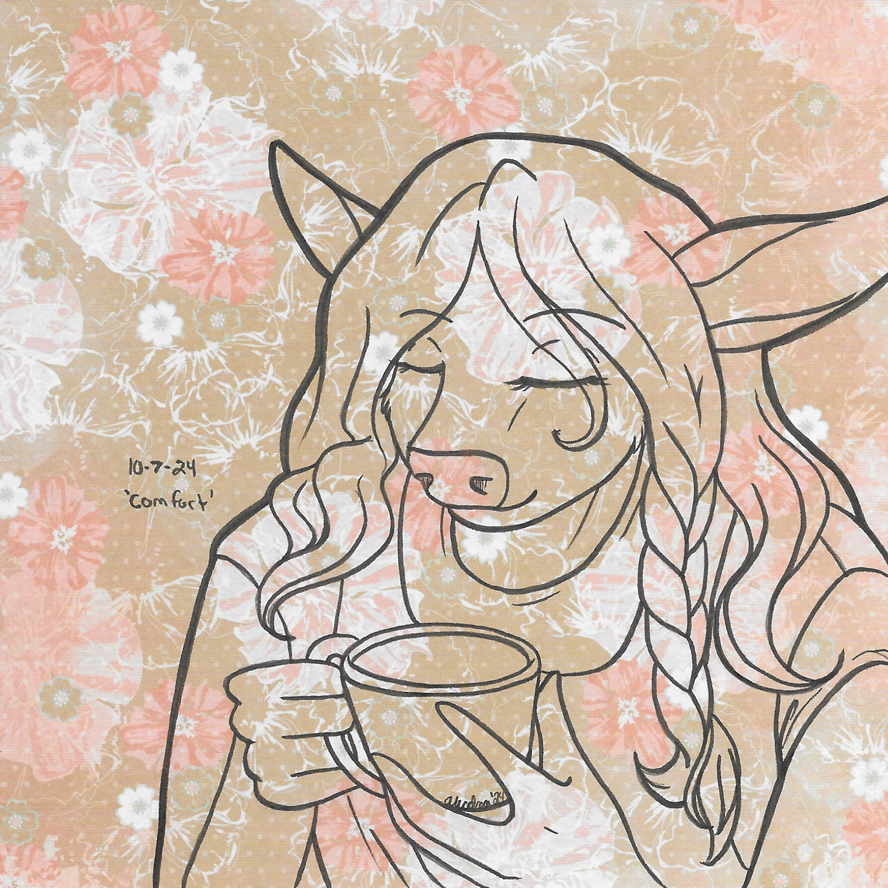 OC-tober art of Nadine, with the prompt Comfort. Relaxing with a nice cup of tea.