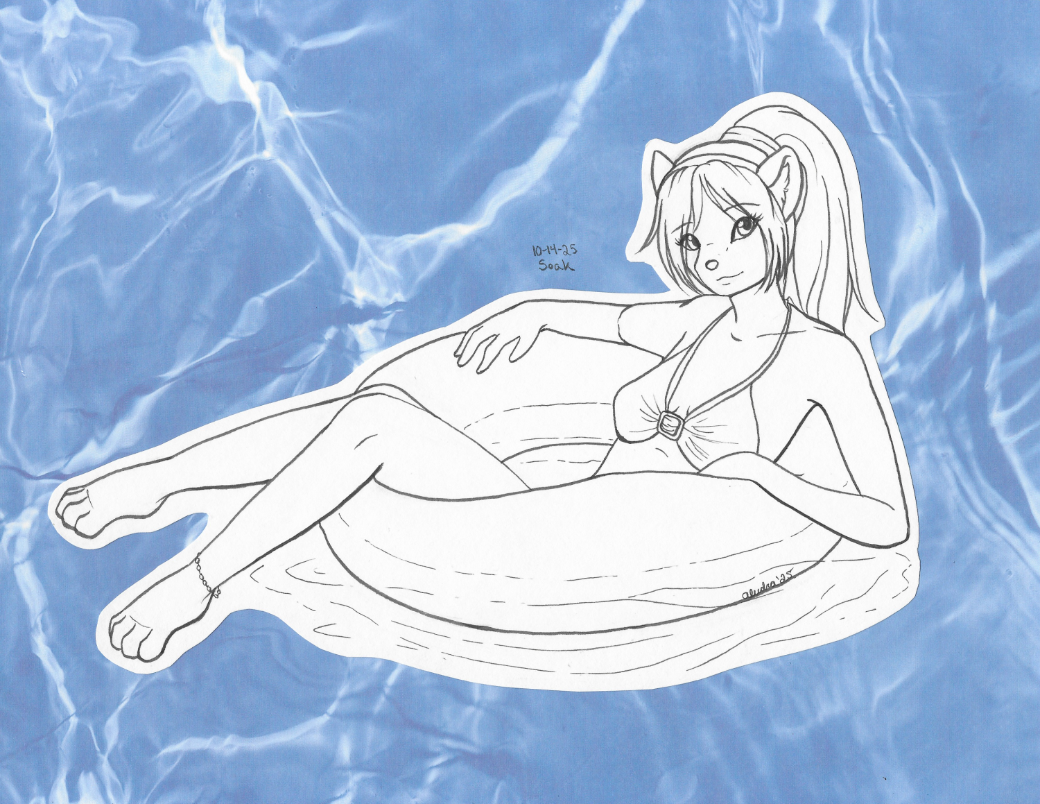 OC-tober art of Niu with the prompt Soak. I honestly don't know why I haven't drawn Niu for years. Her design pretty much stayed the same, and she was a delight to draw relaxing in a pool floatie. Plus I got to use some watery scrapbook paper.