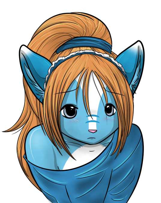 An embarrassed Niu in an oversized shirt.