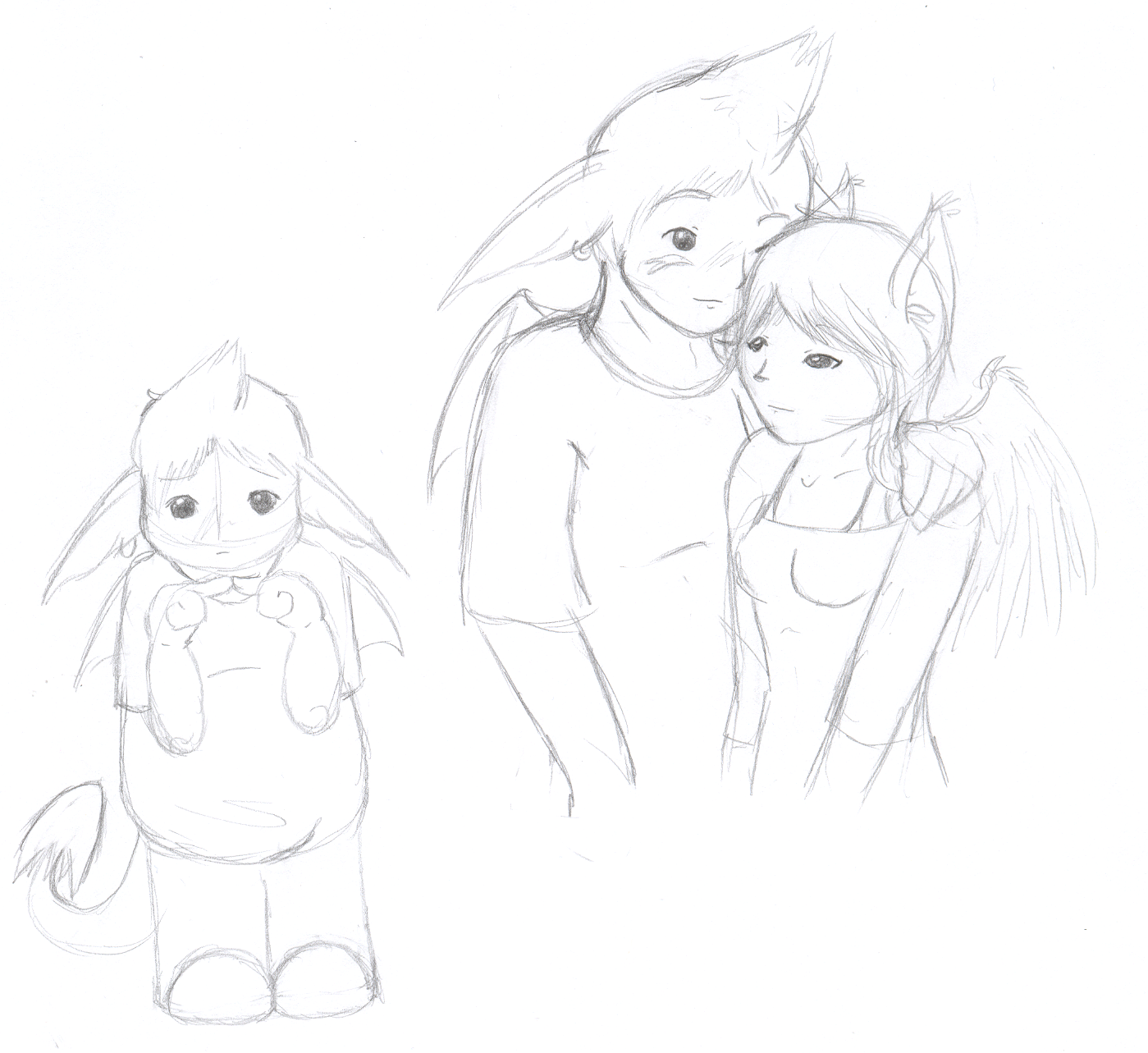 A few sketches of Noku, one giving a hug to his ex.