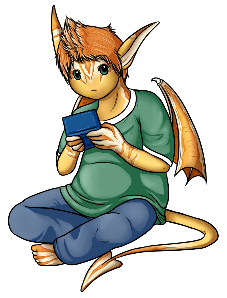 A chibi of Noku with a design overhaul, playing on a DS system.