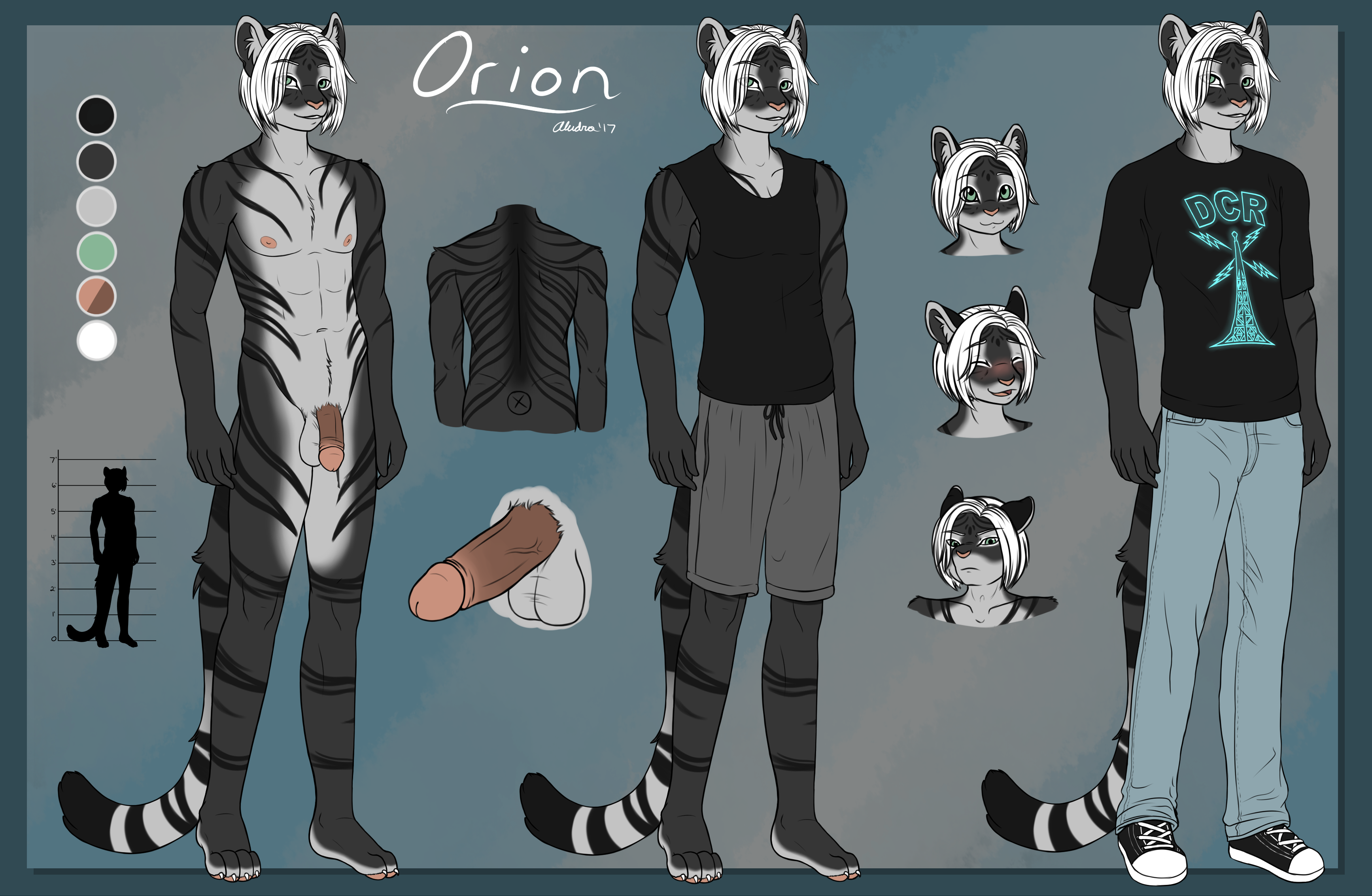 Content Warning: Sexually Explicit. After so long having Orion without a proper design, I gave him a full blown reference sheet. He kept some of his black and white origins too. It was fun designing him some clothing for this. Athletic wear, and everyday wear with a Diamond City Radio reference.
