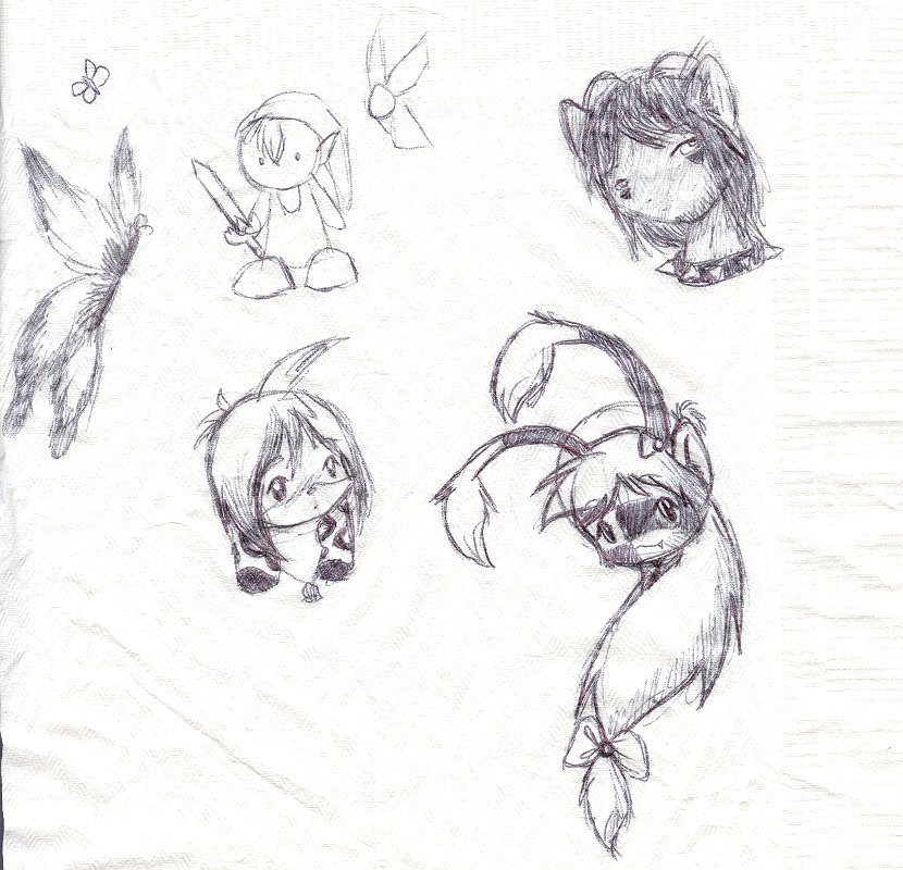 Ballpoint pen drawings on a napkin, showing a handful of characters, including Pique, her ex, and Yuki.