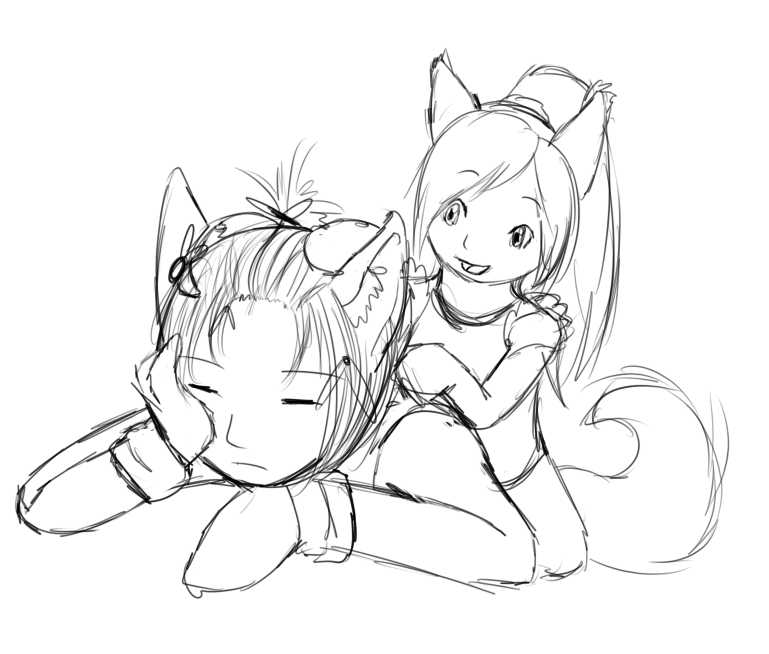 As a joke, I doodled Pique harassing one of my villanous characters Hit. No harm was done to either of them, except maybe a hurt ego.