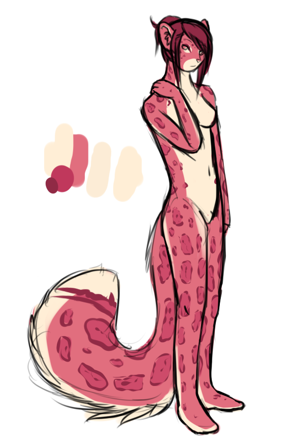 Content Warning: Non-sexual Nudity. An early concept of Quinn as a strawberry snow leopard with dark pink spots.