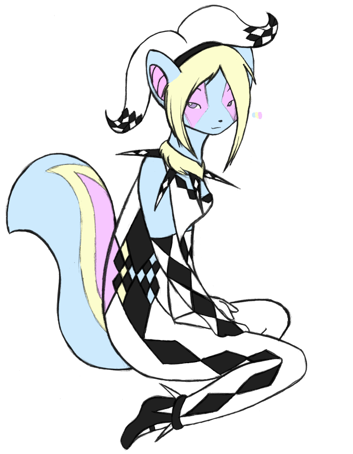 My first concept of Raz, when I wanted to make her a jester of some sort. Her pastel colors went well with the black and white of her outfit.