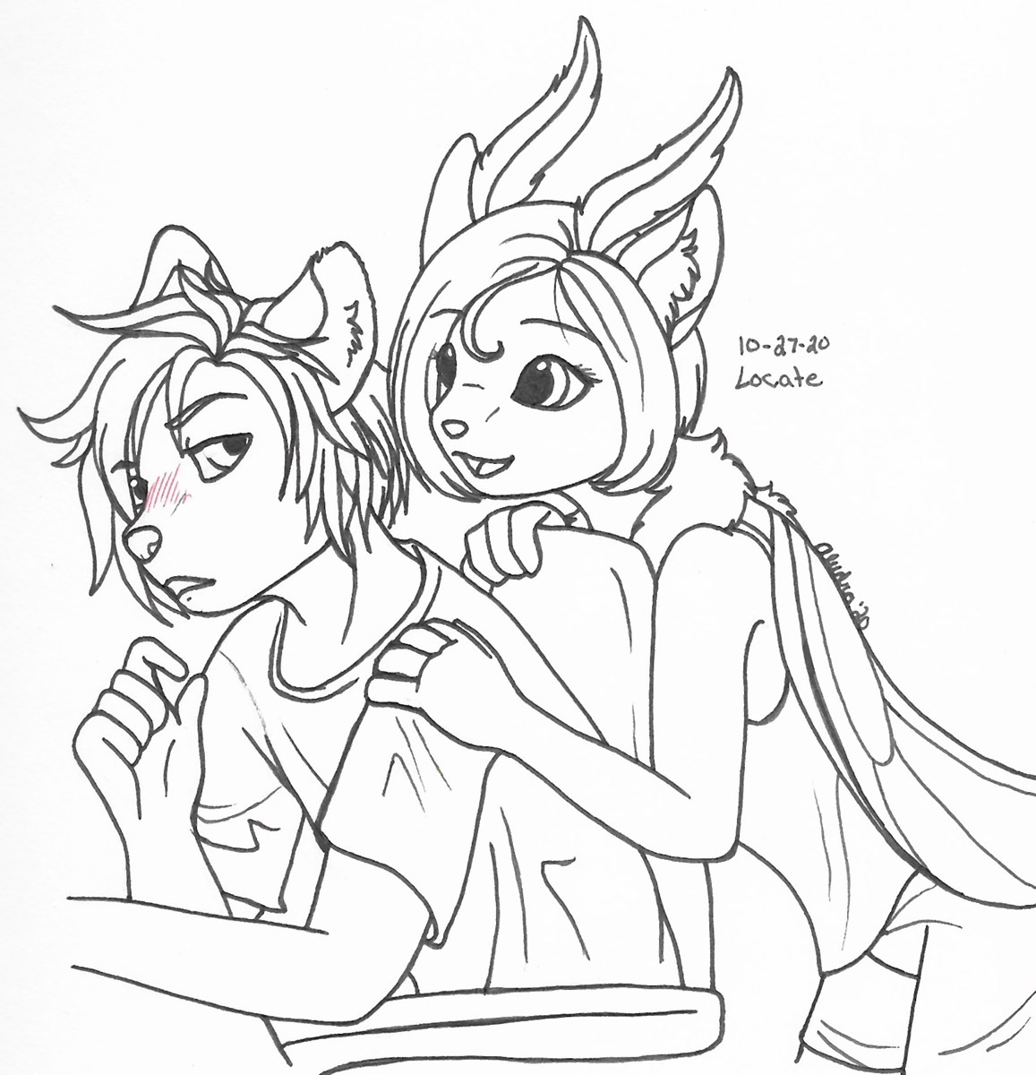 OC-tober art of Artemy and Remix with the prompt Locate. I imagine Remix bugging him while he works, and while it annoys him, I think he'd like the attention too much to send her away.