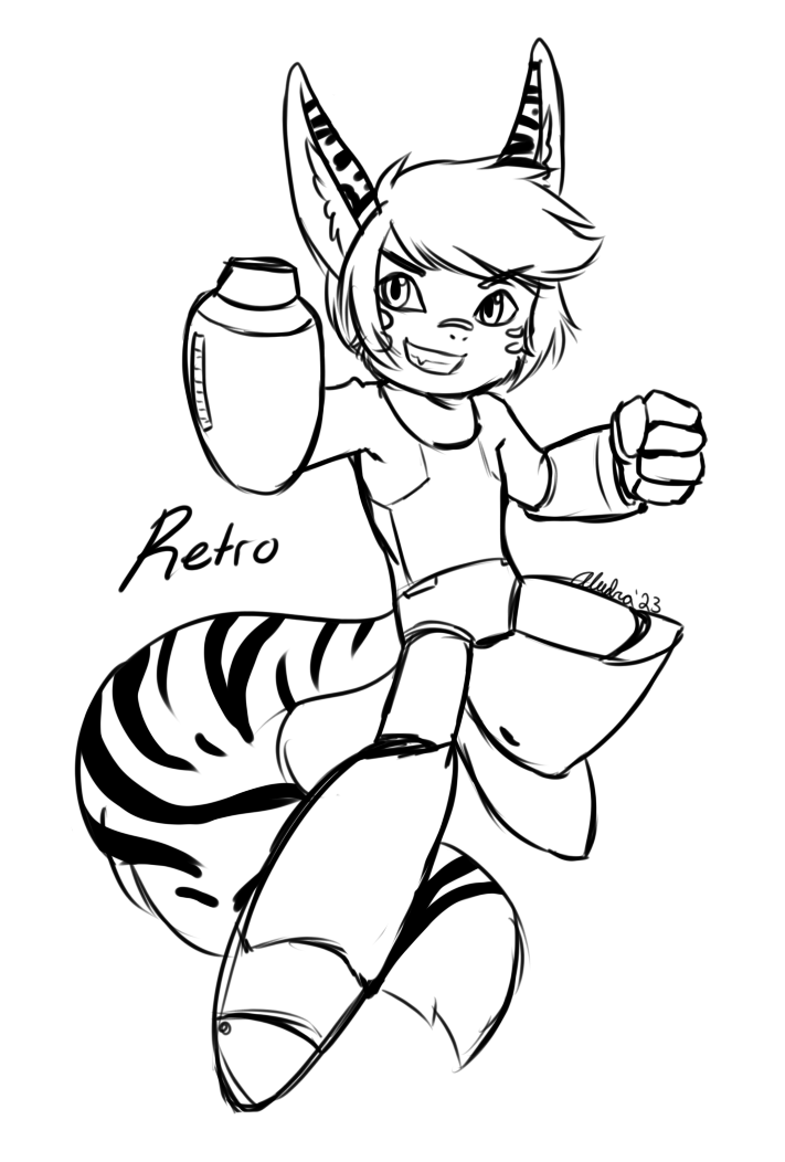 A quick doodle drawn on stream, of Retro doing a little cosplay of Mega Man.