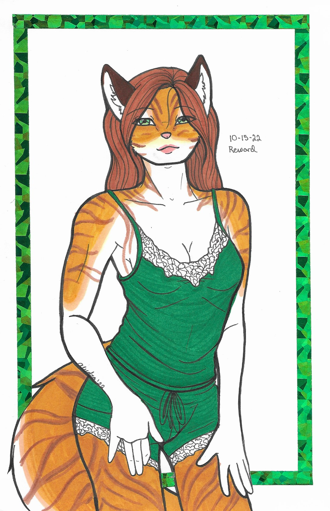 OC-tober art of Risque, with the prompt Reward. Being a bounty hunter means you get rewards, right? Though in this image, she seems to be the reward.